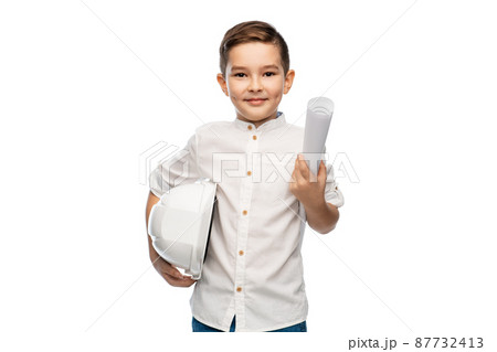 little boy with construction helmet and blueprint little boy with construction helmet and blueprint 87732413