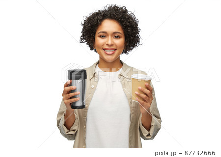 woman with coffee cup and tumbler for hot drinks woman with coffee cup and tumbler for hot drinks 87732666
