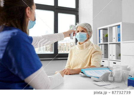 doctor with thermometer and woman at hospital 87732739