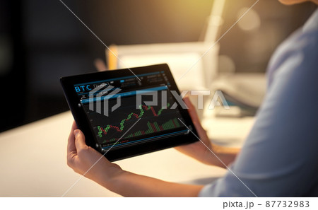 businesswoman with forex chart on tablet pc businesswoman with forex chart on tablet pc 87732983