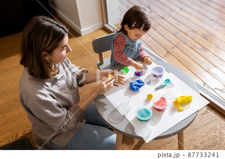 mother and daughter playing with modeling clay mother and daughter playing with modeling clay 87733241