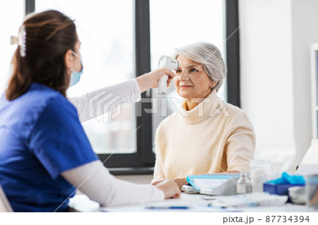 doctor with thermometer and woman at hospital 87734394