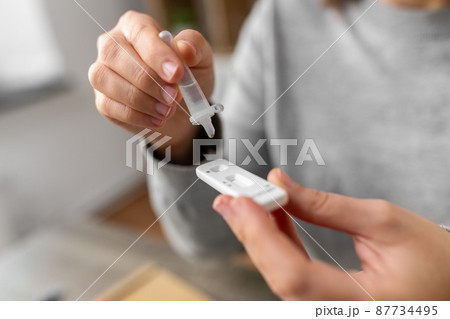 woman making self testing coronavirus test at home 87734495