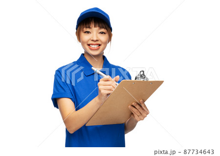 happy delivery woman with clipboard and pen happy delivery woman with clipboard and pen 87734643