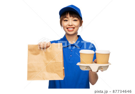 delivery woman with takeaway food and drinks delivery woman with takeaway food and drinks 87734646