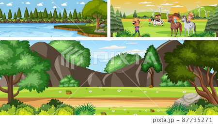 Set of different outdoor landscape scenes with cartoon character 87735271