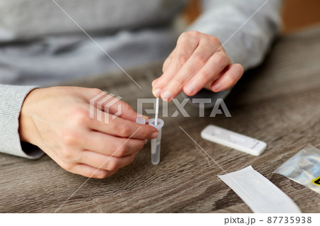woman making self testing coronavirus test at home woman making self testing coronavirus test at home 87735938