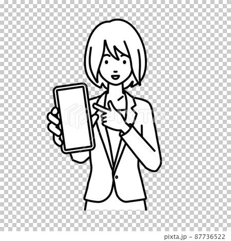 A woman in a suit standing and pointing at her smartphone 87736522