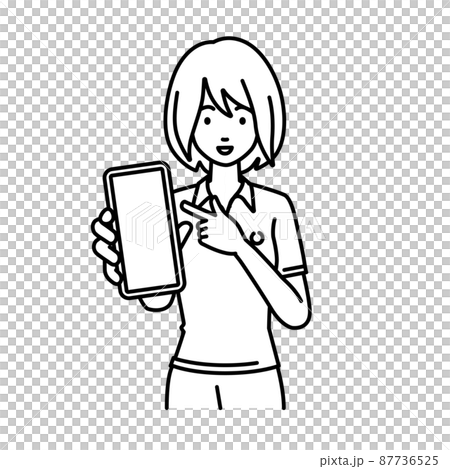 A woman in a polo shirt standing and pointing at her smartphone A woman in a polo shirt standing and pointing at her smartphone 87736525