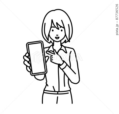 立ってスマートフォンを指差してこちらに向けて見せているブラウスの女性 87736526