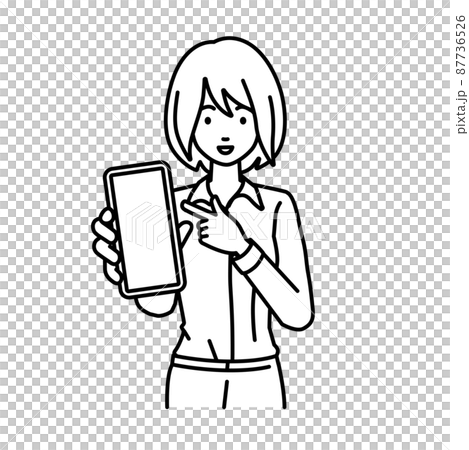 立ってスマートフォンを指差してこちらに向けて見せているブラウスの女性 87736526