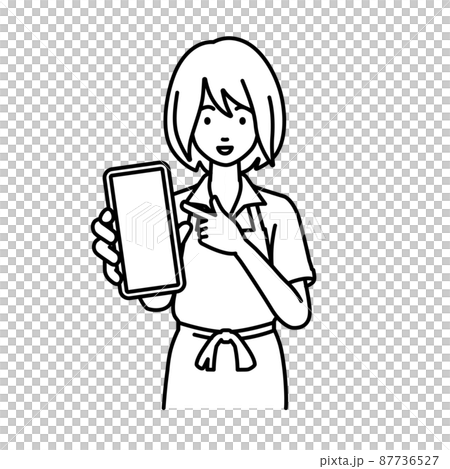 A female clerk in an apron standing and pointing at her smartphone 87736527