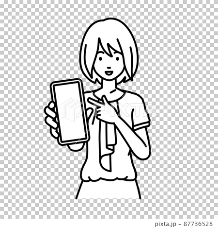 An office casual woman standing and pointing at her smartphone An office casual woman standing and pointing at her smartphone 87736528
