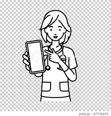 A nurse woman standing and pointing at her smartphone A nurse woman standing and pointing at her smartphone 87736874