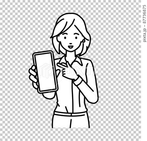 A woman in a blouse standing and pointing at her smartphone 87736875