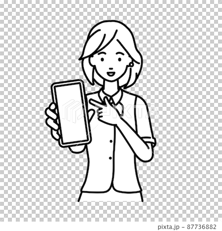 A woman in a clerk uniform standing and pointing at her smartphone A woman in a clerk uniform standing and pointing at her smartphone 87736882