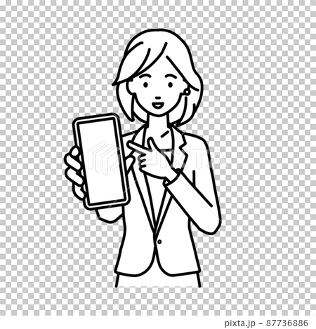 立ってスマートフォンを指差してこちらに向けて見せているスーツの女性 87736886