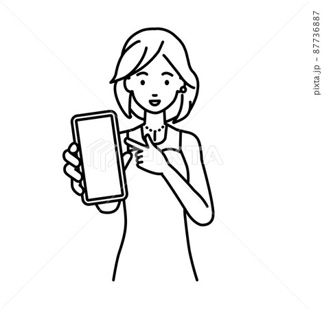 立ってスマートフォンを指差してこちらに向けて見せているドレスの女性 87736887