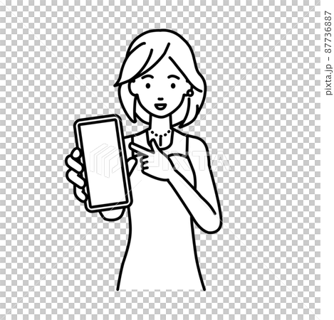 立ってスマートフォンを指差してこちらに向けて見せているドレスの女性 87736887