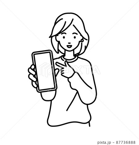 立ってスマートフォンを指差してこちらに向けて見せているリモートワークの女性 87736888