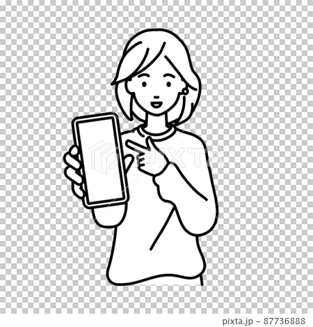 立ってスマートフォンを指差してこちらに向けて見せているリモートワークの女性 87736888