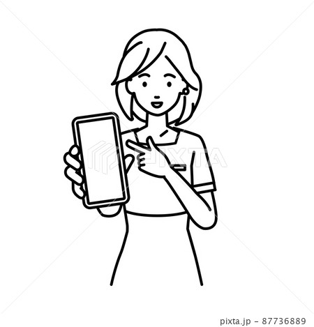 立ってスマートフォンを指差してこちらに向けて見せているエステ店員・受付・接客係の女性 87736889