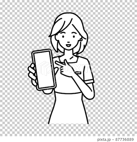 立ってスマートフォンを指差してこちらに向けて見せているエステ店員・受付・接客係の女性 87736889