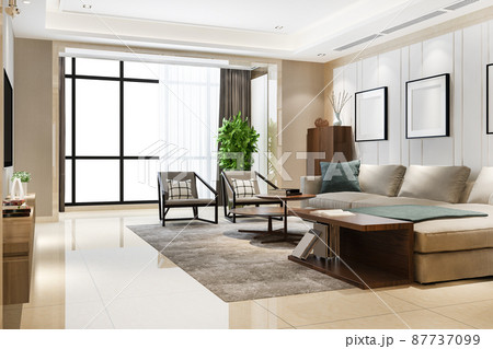 3d rendering luxury and modern living room with good design leather sofa 87737099