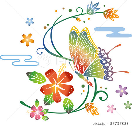 沖縄の伝統工芸琉球紅型のデザイン（蝶）のイラスト素材 [87737383