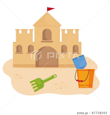 Bucket with tools on the background of a sand castle, color isolated vector illustration in cartoon style Bucket with tools on the background of a sand castle, color isolated vector illustration in cartoon style 87738503