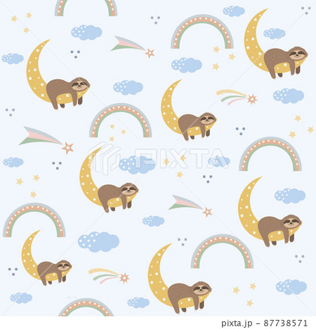 Children's cute pattern of sleeping Sloths among clouds, stars and rainbows, boho style, wallpaper, textiles, background Children's cute pattern of sleeping Sloths among clouds, stars and rainbows, boho style, wallpaper, textiles, background 87738571