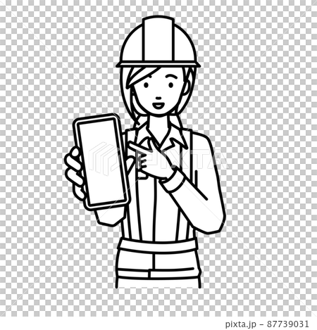 立ってスマートフォンを指差してこちらに向けて見せている工事現場の女性 87739031