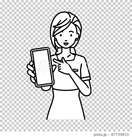 立ってスマートフォンを指差してこちらに向けて見せているエステ店員・受付・接客係の女性 87739033