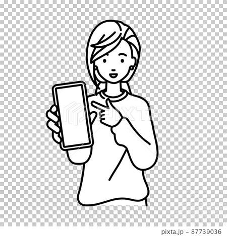 立ってスマートフォンを指差してこちらに向けて見せているリモートワークの女性 87739036