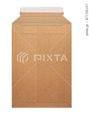 Brown envelope front and back isolated on white background. Letter top view. 87739147