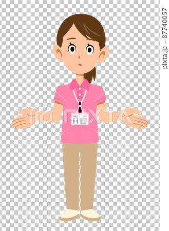 A female staff member wearing a short-sleeved polo shirt and wearing a name tag A female staff member wearing a short-sleeved polo shirt and wearing a name tag 87740057