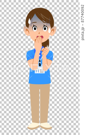 An impatient expression of a female staff member wearing a short-sleeved polo shirt and a name tag An impatient expression of a female staff member wearing a short-sleeved polo shirt and a name tag 87740092