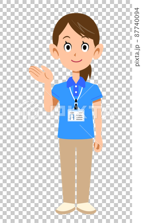 A female staff member wearing a short-sleeved polo shirt and wearing a name tag guides you with the palm of your hand. A female staff member wearing a short-sleeved polo shirt and wearing a name tag guides you with the palm of your hand. 87740094