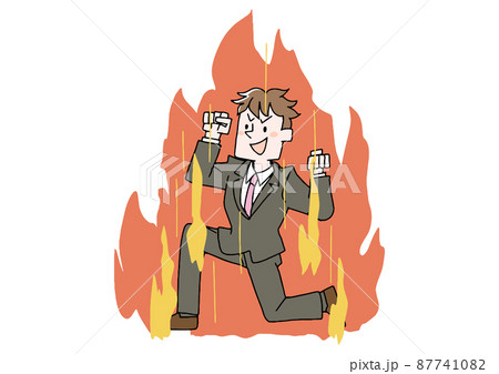 やる気に燃えているビジネスマン コミカルな手書きの人物 ベクター 線画にシンプルな色つけ のイラスト素材