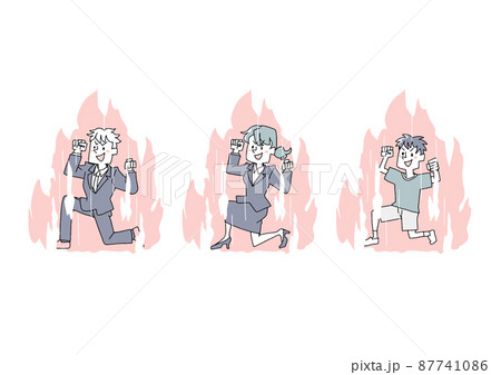 やる気に燃えている人々のセット コミカルな手書きの人物 ベクター 線画にシンプルな色つけ のイラスト素材