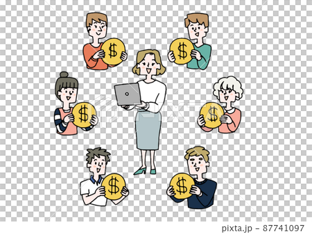 一個通過眾籌籌集資金的女人、一個滑稽的手寫人物、一個矢量和簡單的線條圖著色。 87741097