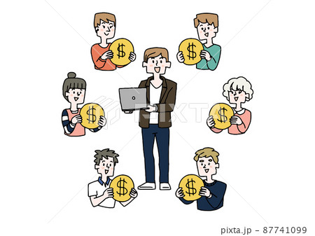 クラウドファンティングで資金を集めるビジネスマン　コミカルな手書きの人物　ベクター、 87741099