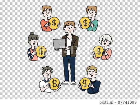クラウドファンティングで資金を集めるビジネスマン　コミカルな手書きの人物　ベクター、 87741099