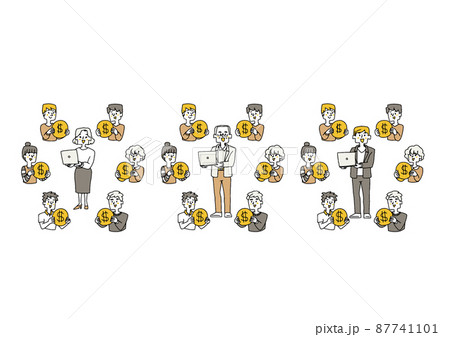 クラウドファンティングで資金を集める人々のセット　コミカルな手書きの人物　 87741101