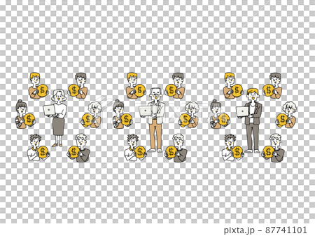 クラウドファンティングで資金を集める人々のセット　コミカルな手書きの人物　 87741101