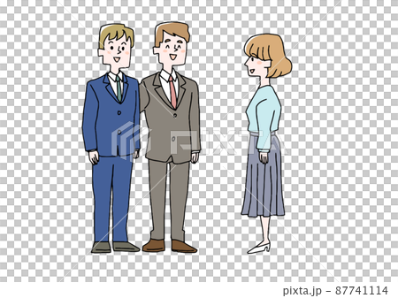 男性が男性を女性に紹介している様子　コミカルな手書きの人物　ベクター、線画にシンプルな色つけ　 87741114