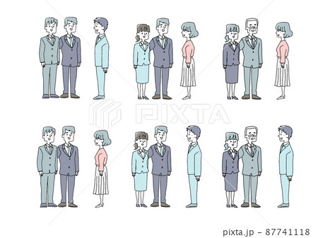 紹介をされている人々のセット コミカルな手書きの人物 ベクター 線画にシンプルな色つけ のイラスト素材