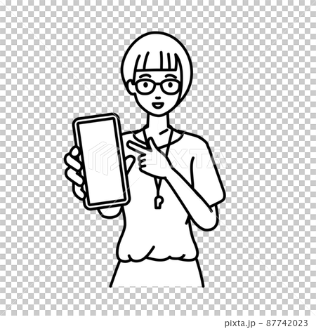 一位女教師站著指著她的智能手機 87742023