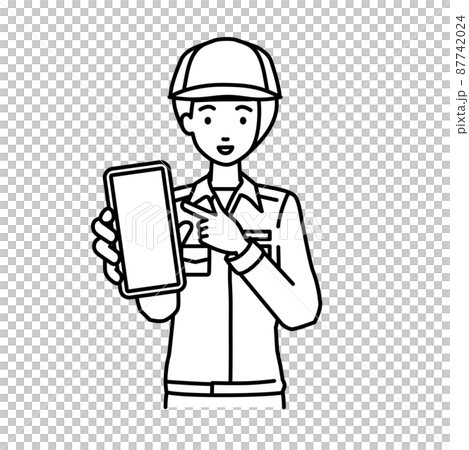 一位女工站著，指著她的智能手機 87742024