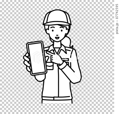 A female worker standing and pointing at her smartphone 87742595